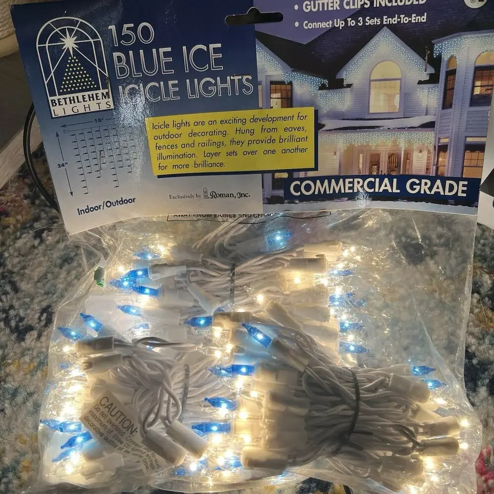 Vintage 1998 Roman 300 Blue Ice Icicle String Lights White Cord Indoor Outdoor